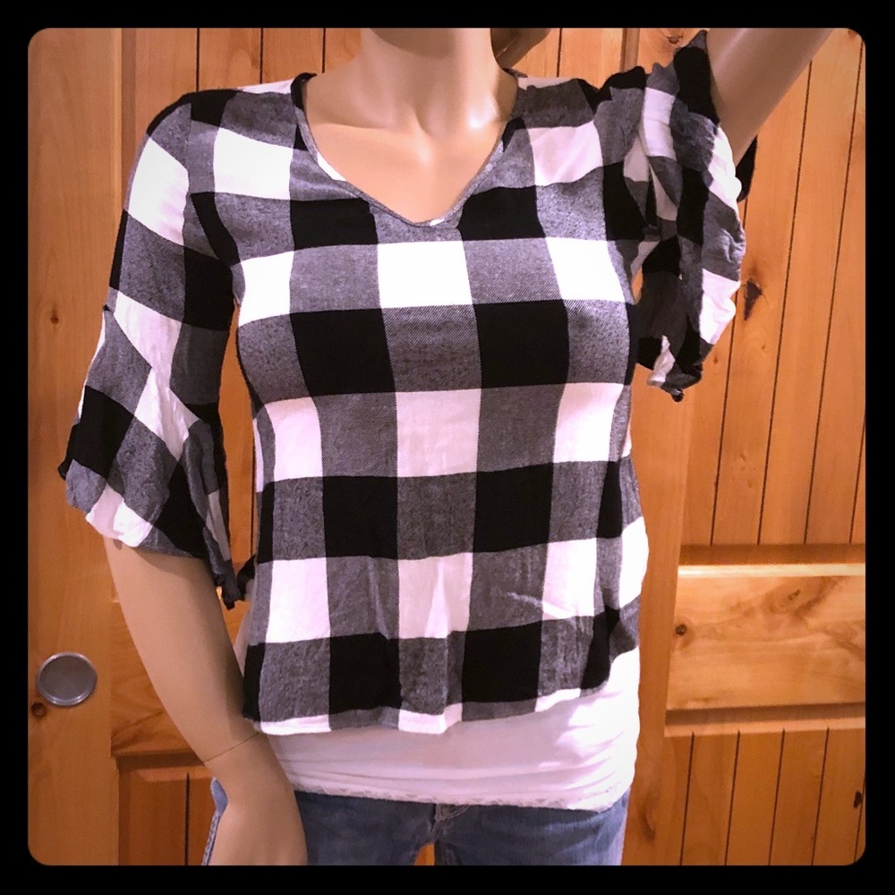 ANA Black White Plaid Bell Sleeve Top XS Buffalo Check Ruffle Sleeve Shirt - Picture 2 of 4